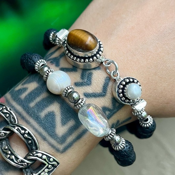 Genuine Gemstones bracelets set tiger eye , pearls & aura crystal quartz - Picture 12 of 13